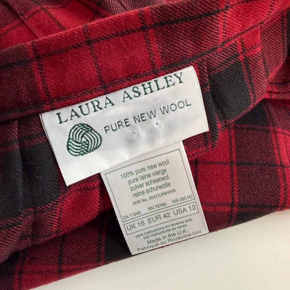 Vintage Laura Ashley Wool Plaid Pleated Skirt US 12 Red Tartan Academia Kilt - Picture 9 of 12